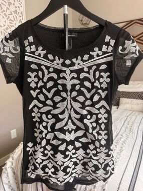INC International Concepts Black Short Sleeve Top with White Embroidery